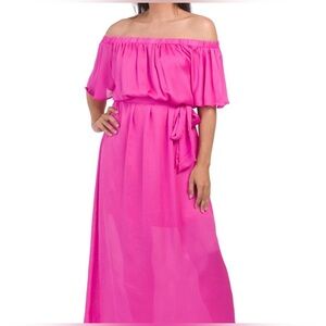 Trina Turk Fuchsia Off Shoulder Maxi Dress Size M, Resort Cruise Wedding Guest